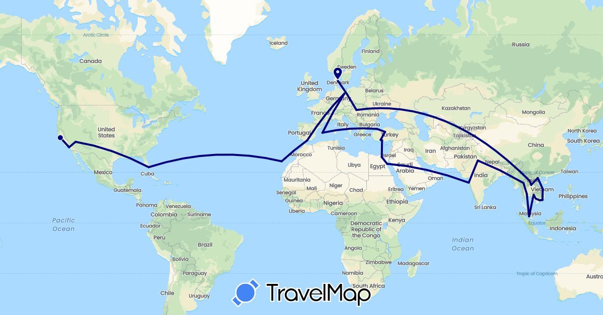 TravelMap itinerary: driving in Germany, Denmark, Egypt, Spain, Hungary, India, Cambodia, Laos, Malaysia, Thailand, Turkey, United States, Vietnam (Africa, Asia, Europe, North America)